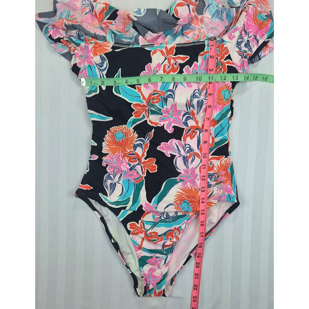 Trina Turk Womens Floral Off The Shoulder Ruffle One Piece Swimsuit Black Size 8 - Picture 2 of 5
